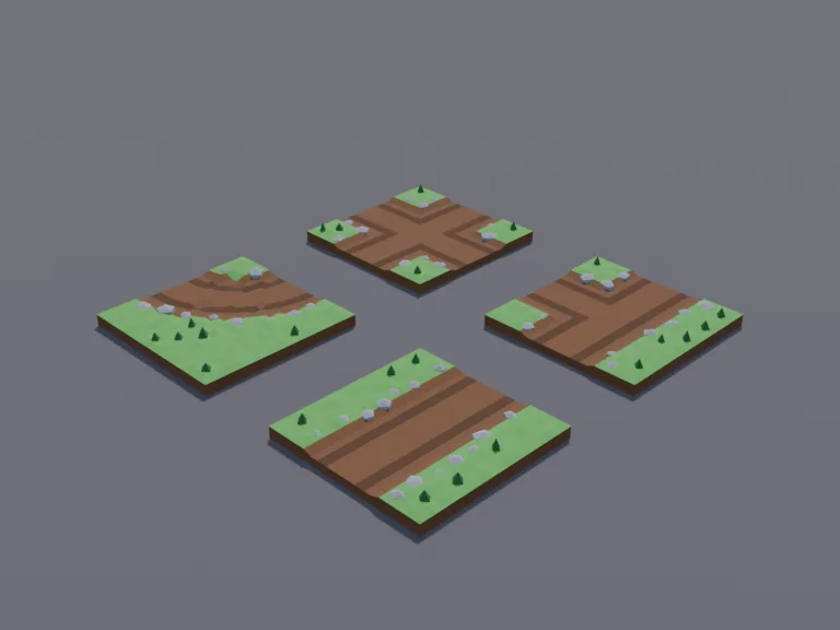 Dirt Path Tile Kit: a low-poly enemy path kit: a straight dirt path tile with worn wheel ruts and small stones along its edges, a corner tile, a T-junction tile and a…
