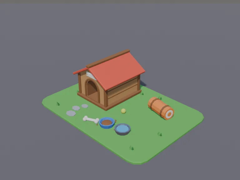 Doghouse Yard Set: a low-poly doghouse set: a little wooden doghouse with a red roof and an arched opening, a blank name plate over the door, a food bowl and a water bowl, a…