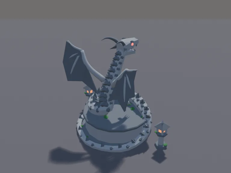 Dragon Statue Fountain: a low-poly dragon statue: a coiled stone dragon on a round pedestal, its wings half spread and its head raised with its mouth open, glowing red gem…