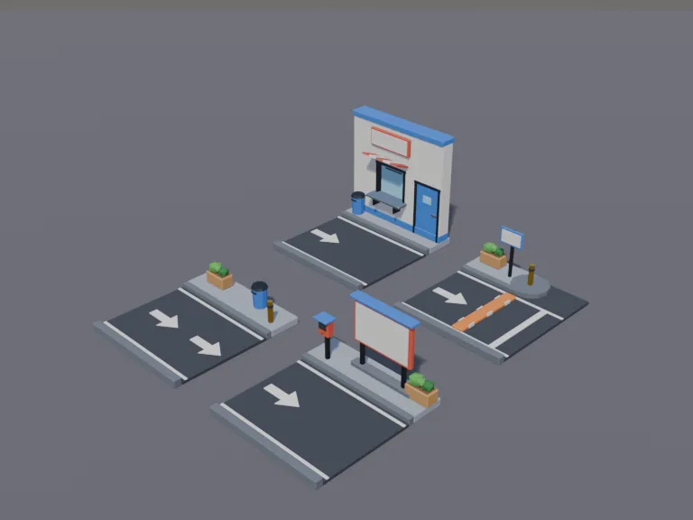Drive-Thru Lane Kit: a low-poly drive-thru lane kit that snaps together on a grid: a straight lane section with arrows, a menu board and speaker post section, a pick-up window…