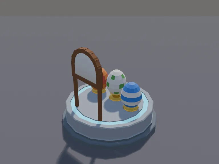 Egg Hatching Stand: a low-poly egg-hatching stand: a round stone pedestal with a glowing ring set into it, three eggs on display in different colours and patterns, and a small…