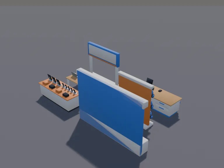 Electronics Store Set: a low-poly electronics store set: a wall of TVs showing blank screens, a counter of phones and tablets on stands, a laptop table, headphones on hooks,…
