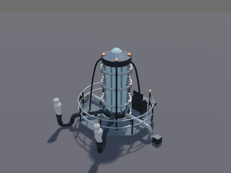 Energy Reactor Core: a low-poly energy reactor core: a tall glass cylinder with a glowing blue plasma column inside, thick pipes and cables running out to the floor, a railed…