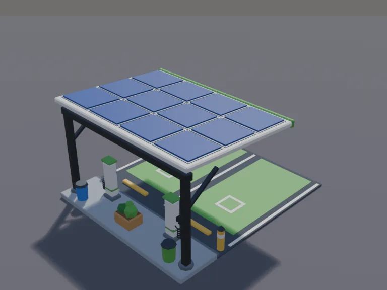 EV Charging Station: a low-poly electric car charging station: two charging posts with coiled cables and blank screens, a small canopy roof with solar panels, painted parking…