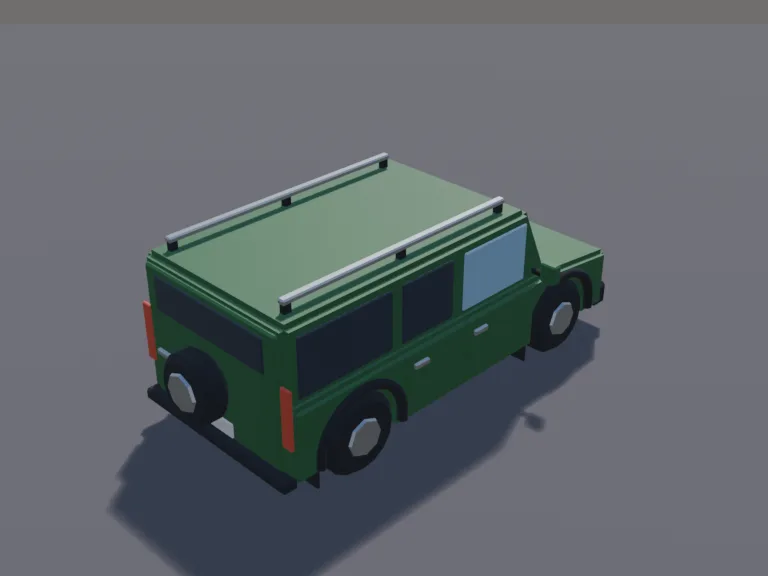 Family SUV: a low-poly family SUV: a tall boxy body with roof rails, a spare tyre on the back door, chunky wheels, tinted rear windows and a front grille, painted forest green.