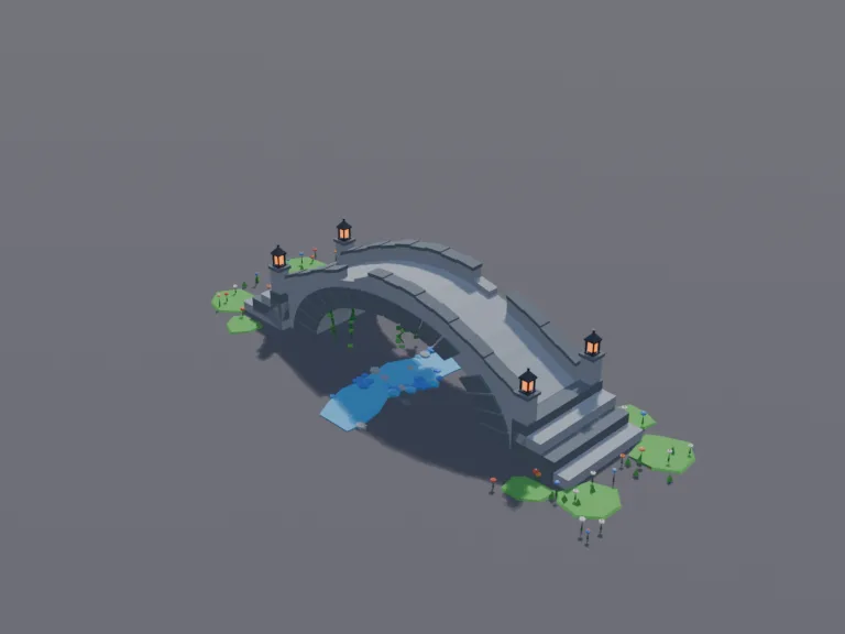 Fantasy Stone Bridge: a low-poly fantasy stone bridge: low walls along both sides with lantern posts at each end, moss and ivy hanging from the underside of the arch, a few…