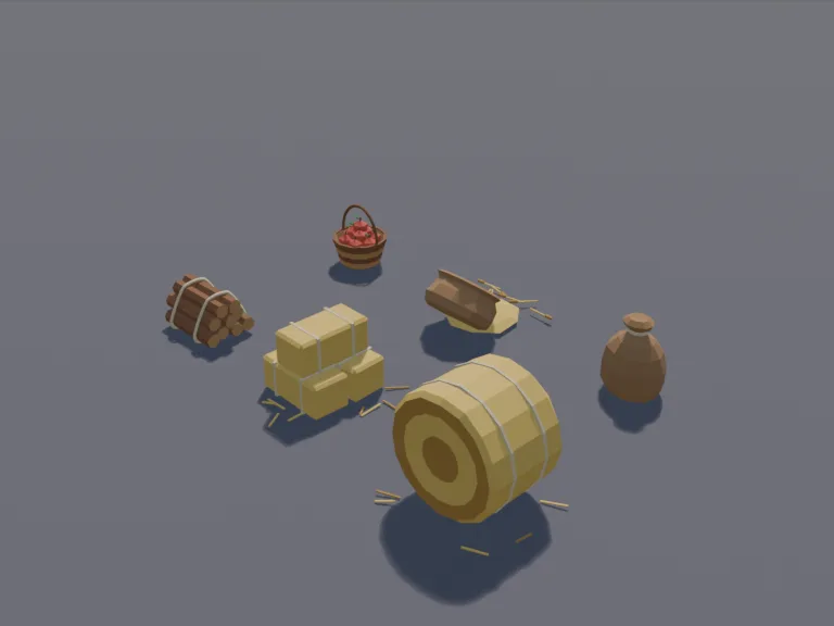 Farm Sacks and Bales: a set of low-poly farm and village sacks and bales: a round hay bale, a stack of three rectangular hay bales, a burlap sack of grain tied at the top, a…