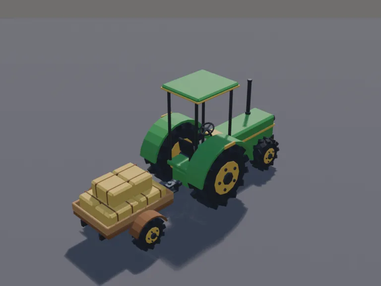 Farm Tractor and Hay Trailer: a low-poly farm tractor: a chunky green body with a yellow trim stripe, an open cab with a seat and steering wheel under a little roof frame, huge…