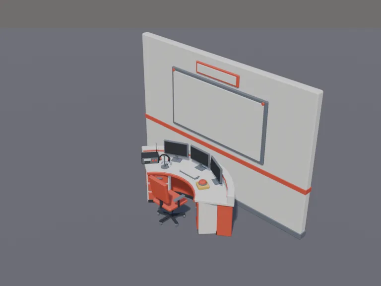 Fire Dispatch Desk: a low-poly fire dispatch desk: a curved console with three monitors showing blank screens, a headset on a stand, a big red alarm button, a radio unit, a…