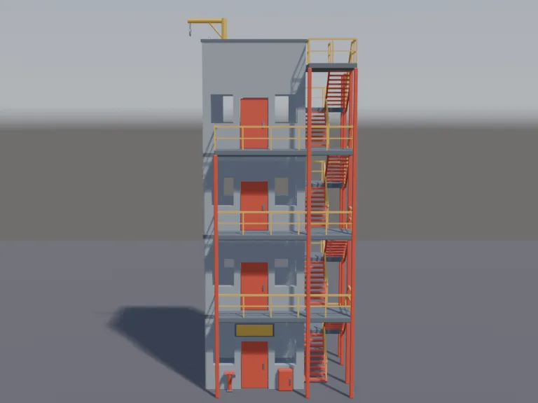 Fire Training Tower: a low-poly fire training tower: a four-storey concrete tower with open window holes, a metal stair on the outside, a balcony on each floor, a rappelling…