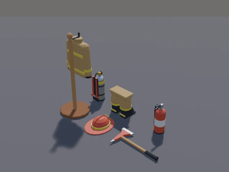 Firefighter Gear Set: a low-poly firefighter gear set: a red helmet, a heavy turnout jacket on a hook, boots with trousers folded over them, an axe, a fire extinguisher and an…
