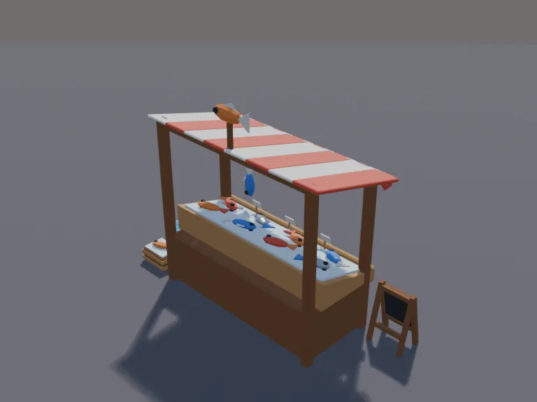 Fish Market Stand: a low-poly fish market stand: a wooden stall with a striped awning, a hanging scale with a fish on its hook, a chalkboard price list left blank and buckets…