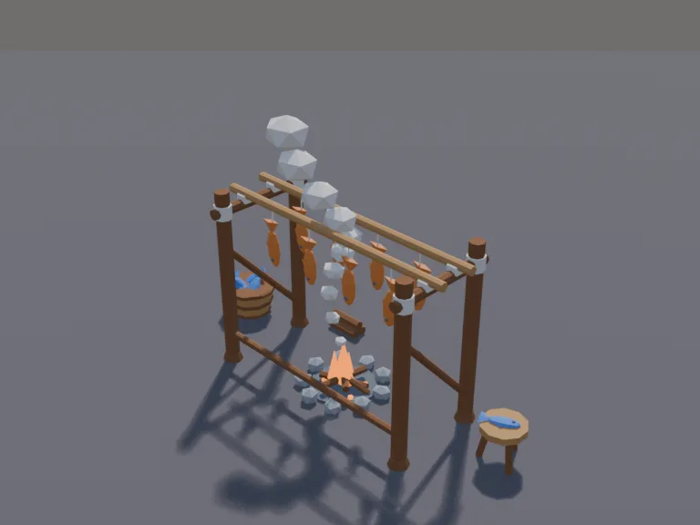 Fish Smoking Rack: a low-poly fish smoking rack: a wooden frame with rows of fish hanging from its crossbars, a smouldering fire pit underneath with a curl of smoke, a basket…