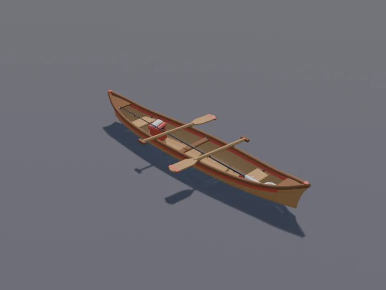 Fishing Canoe: a low-poly canoe: a long wooden canoe with curved ends, two wooden paddles resting across it, a coil of rope, a backpack and a fishing rod tucked inside, sitting…