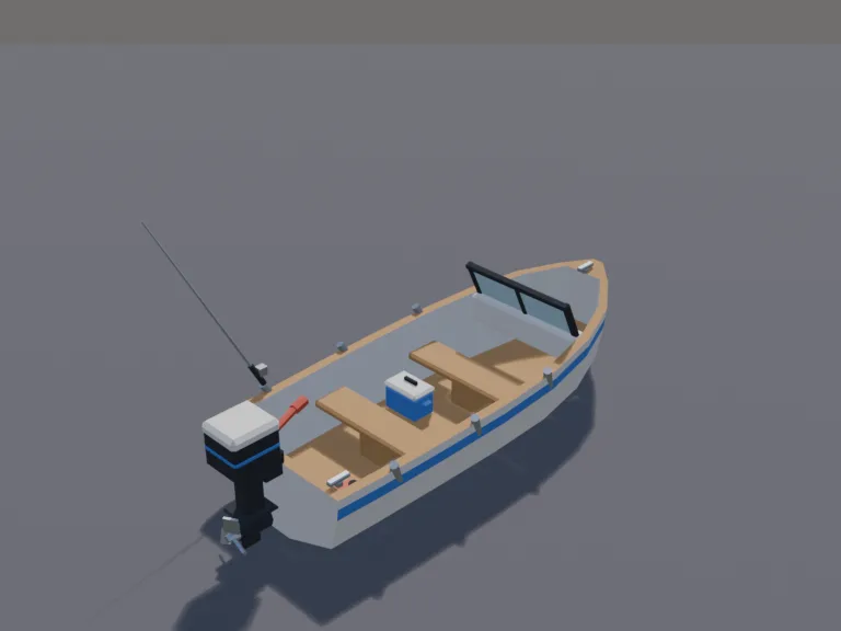 Fishing Motorboat: a low-poly small fishing motorboat: an open white boat with a blue stripe, an outboard motor whose propeller is its own part, two bench seats, rod holders…