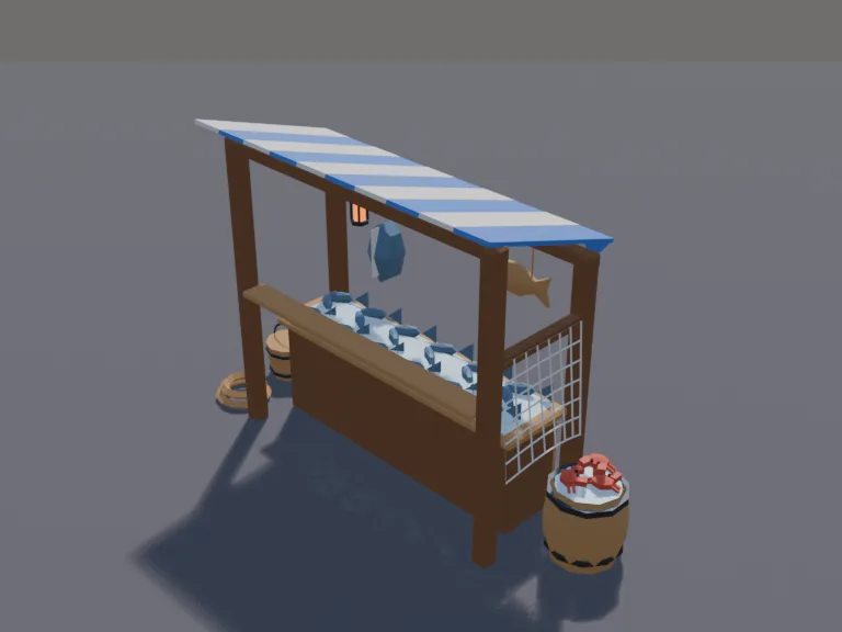 Fishmongers Market Stall: a low-poly medieval fishmonger's stall: a wooden stall with a blue and white striped awning, a counter covered in crushed ice with rows of fish, a big…