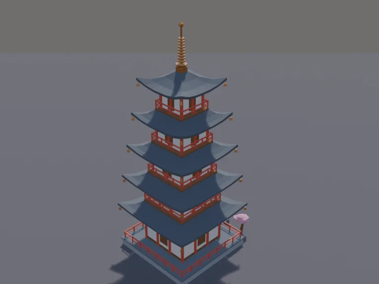 Five-Storey Pagoda: a low-poly five-storey pagoda: a tall wooden tower with five tiers of curved grey-tiled roofs, red pillars and railings on each level, a bronze spire on top…