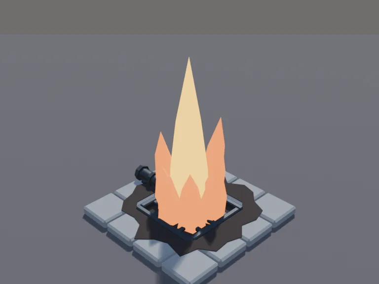 Flame Vent Trap: a low-poly flame vent trap: a metal floor grate with a burning jet of fire rising from it, a fuel pipe running into it from the side, and scorch marks on the…