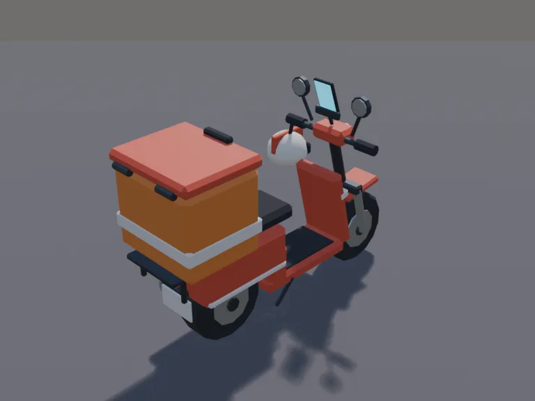 Food Delivery Scooter: a low-poly food delivery bike: a small scooter with a big insulated delivery box on the back with a lid that is its own part, a phone holder on the…