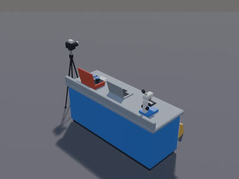Forensics Lab Desk: a low-poly forensics desk: a lab bench with a microscope, a fingerprint kit with powder and brushes, evidence markers with numbers and a laptop with a blank…