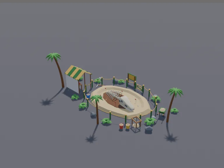 Fossil Dig Site: a low-poly fossil dig site: a roped-off sandy pit with a half-uncovered dinosaur skull and ribs, brushes and a pickaxe, a sieve, buckets, a tool tent and a…