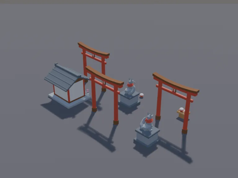 Fox Shrine Set: a low-poly fox shrine set: two stone fox guardian statues with red bibs on pedestals, a small offering shrine, rice bowls and a row of small red gates.