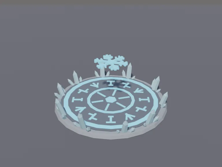 Freeze Rune Trap: a low-poly freeze rune trap: a glowing blue circle of runes carved into the floor, frost crystals growing around its edge, and a small floating snowflake…
