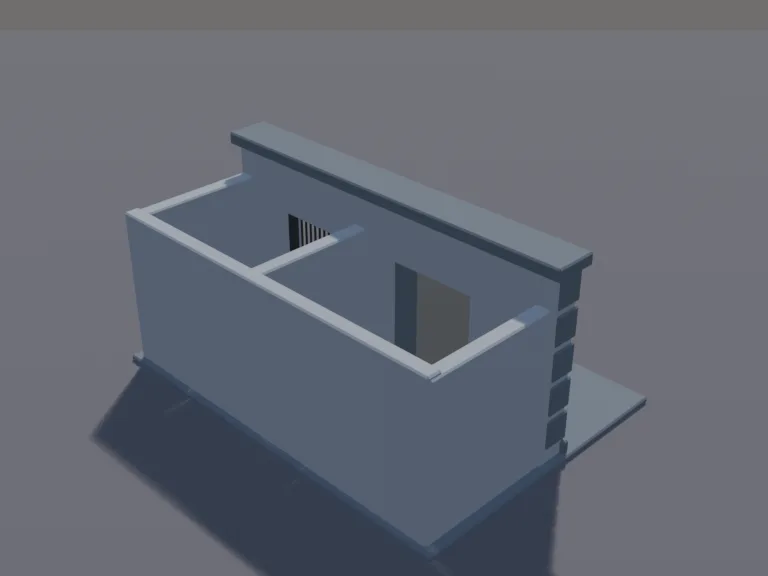 Frontier Bank Vault: a low-poly frontier bank vault: a heavy steel vault door set in a stone wall, with a big round dial and spoked handle, the door its own part so it can…