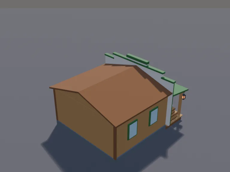 Frontier General Store: a low-poly general store: a wooden building with a tall false front painted cream and green, a covered porch stacked with crates, sacks of flour and a…