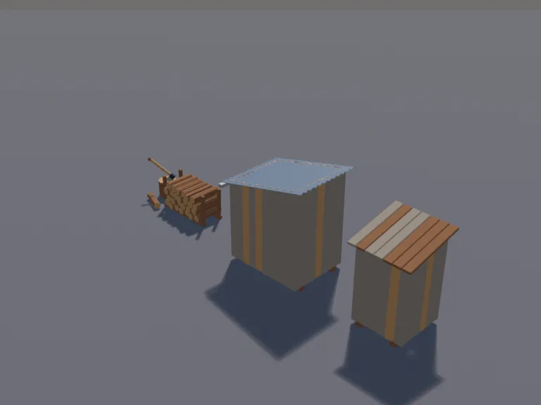 Frontier Outhouse Set: a low-poly frontier outhouse and shed set: a narrow wooden outhouse with a crescent moon cut into its door, which is its own part, a small tool shed with…