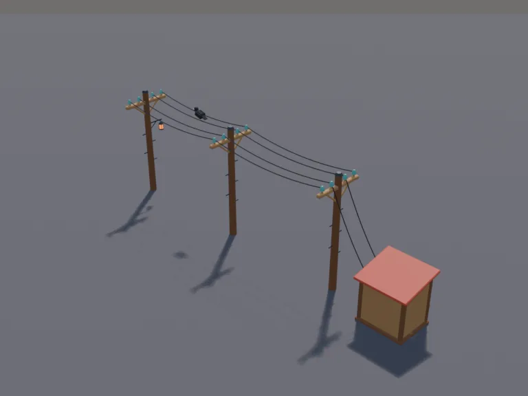 Frontier Telegraph Line: a low-poly frontier telegraph pole line: three tall wooden poles with crossbars and glass insulators, wires sagging between them, a small telegraph…