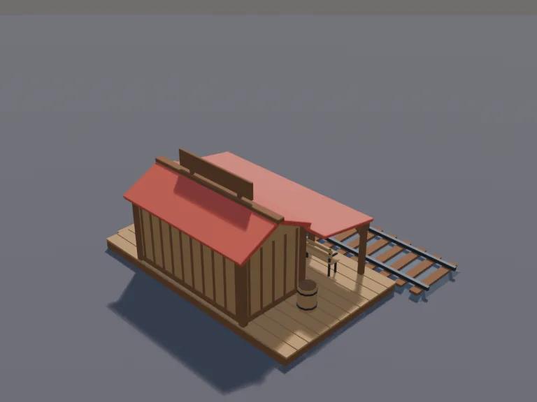 Frontier Train Station: a low-poly frontier train station: a small wooden depot with a wide overhanging roof on posts, a ticket window with bars, benches along the platform, a…