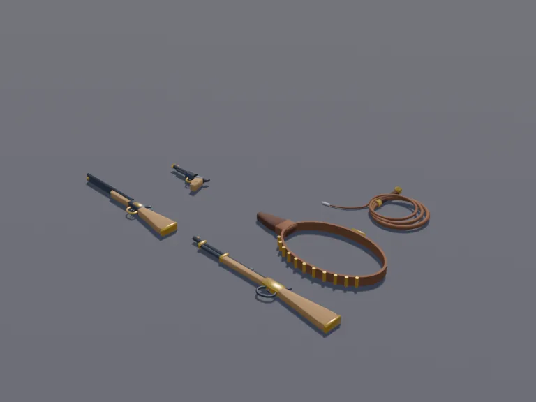 Frontier Weapon Set: a set of four low-poly frontier weapons: a long lever-action rifle, a double-barrel shotgun, and a coiled leather whip, plus a leather gun belt with a holster.