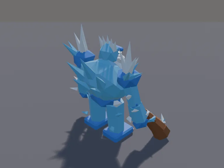 Frost Giant Boss: a low-poly ice giant boss: a huge frost giant with a body of jagged blue ice crystals, a frozen beard, glowing white eyes, giant icicle shoulders and a club…