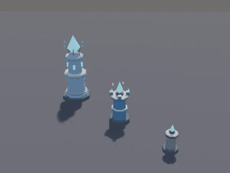 Frost Magic Tower: a low-poly frost magic tower in three upgrade levels, side by side: a short stone pillar topped with a small glowing ice crystal, a taller tower of icy blue…