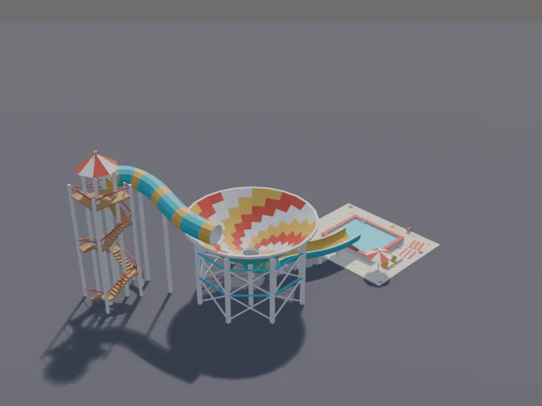 Funnel Water Slide: a low-poly funnel slide: a giant open funnel on a support frame where riders swing up the walls, a tube leading into it from a tower and an exit flume into…