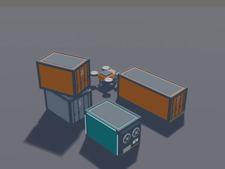 Futuristic Cargo Container Set: a set of low-poly futuristic shipping containers: a long container with ribbed sides and a big sliding door that is its own part, a shorter…