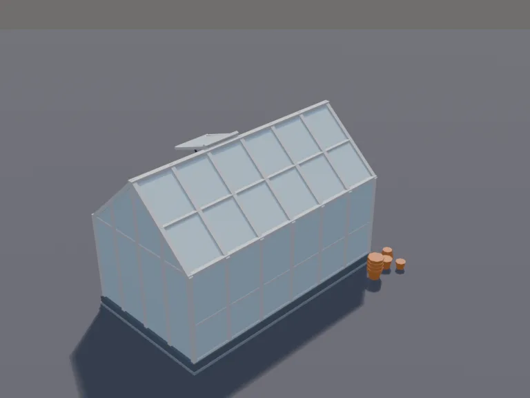 Garden Greenhouse: a low-poly garden greenhouse: a peaked glass house with a thin white frame and clear panes, a door that is its own part, long wooden benches inside lined…