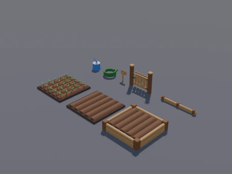 Garden Plot Kit: a low-poly garden plot kit: a raised wooden garden bed filled with dark soil and neat furrows, an empty tilled soil plot, a plot with small green sprouts in…