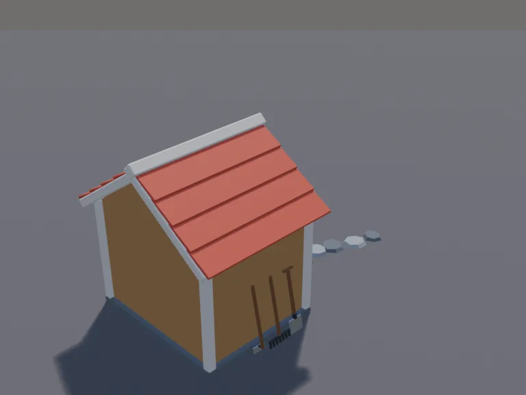 Garden Tool Shed: a low-poly garden shed: a small wooden shed with a pitched shingle roof, a window with a flower box, garden tools leaning outside, a watering can and a small…