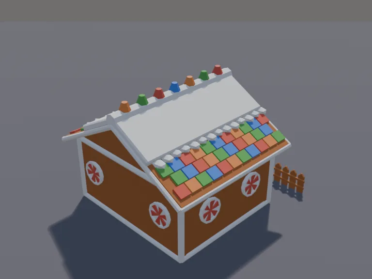 Gingerbread House: a low-poly gingerbread house: brown gingerbread walls with white icing trim along every edge, a roof covered in candy tiles, a candy-cane pillar on each side…