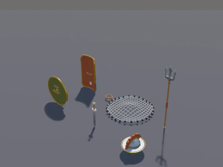 Gladiator Gear Set: a low-poly gladiator gear set: a crested helmet, a round shield, a short sword, a trident, a net and a tall curved legion shield.