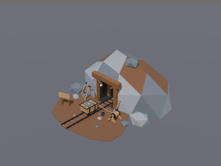 Gold Mine Entrance: a low-poly Wild West gold mine entrance: a dark tunnel opening in a rocky hillside framed by heavy timber supports, a rail track running out of it with a…