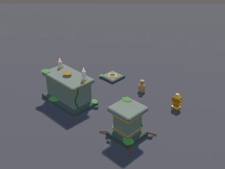 Golden Idol Temple Set: a low-poly golden idol set: a small golden idol with a big head on a stone pedestal, a pressure plate under it.