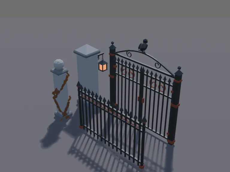 Graveyard Fence Kit: a low-poly wrought-iron graveyard fence kit: a straight section of black iron bars with spiked tips, a corner post topped with a stone ball, and a stone…