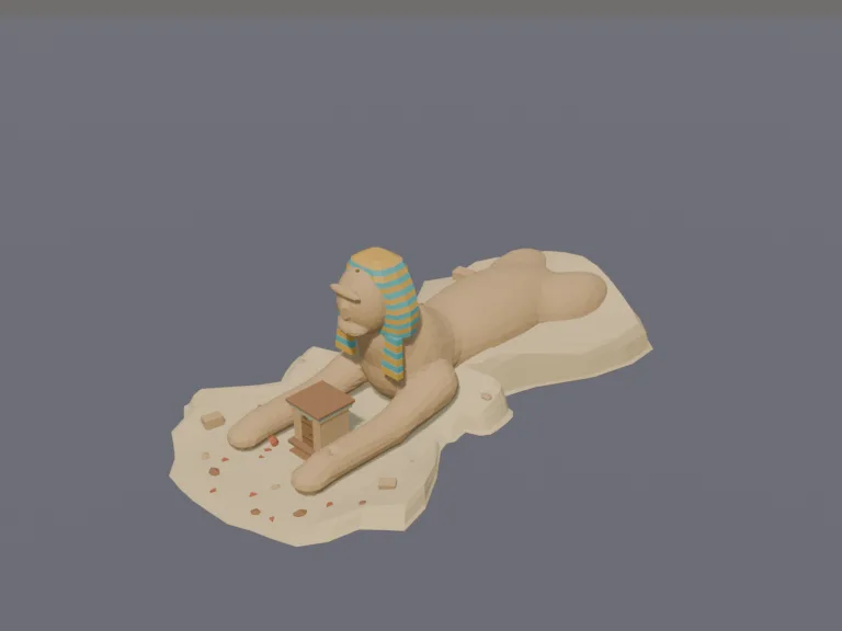 Great Sandstone Sphinx: a low-poly great sphinx: a huge reclining sandstone lion statue with a royal striped headdress, its paws stretched forward, a worn nose and a small…
