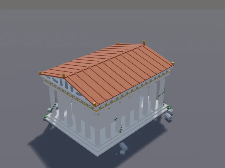 Greek Marble Temple: a low-poly Greek temple: a white marble temple on a stepped base with a ring of tall fluted columns, a triangular roof gable with a carved frieze, a statue…