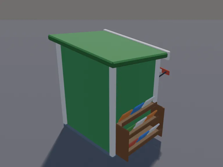 Green Newsstand Kiosk: a low-poly newsstand kiosk: a small green kiosk with a slanted roof, racks of folded newspapers and magazines with no titles, a counter with a cash tray…