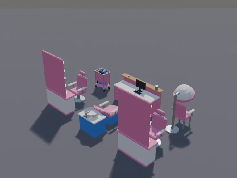 Hair Salon Set: a low-poly hair salon set: two styling chairs facing big mirrors with bulbs, a hair-washing basin with a reclining chair, a trolley of brushes and dryers, a…