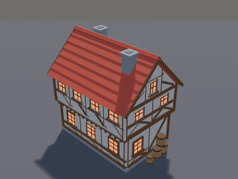 Half-Timbered Tavern: a low-poly medieval tavern: a two-storey half-timbered building with white plaster and dark beams, an overhanging upper floor, a steep red tile roof with…